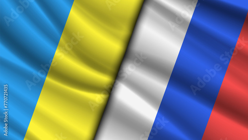 Vector wavy flags of Ukraine and Russia. Political banner. Relations between countries.