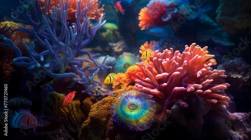 A vibrant underwater scene featuring a collection of small fish swimming