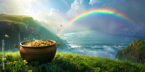 golden pot with gold coins on green grass and rainbow background