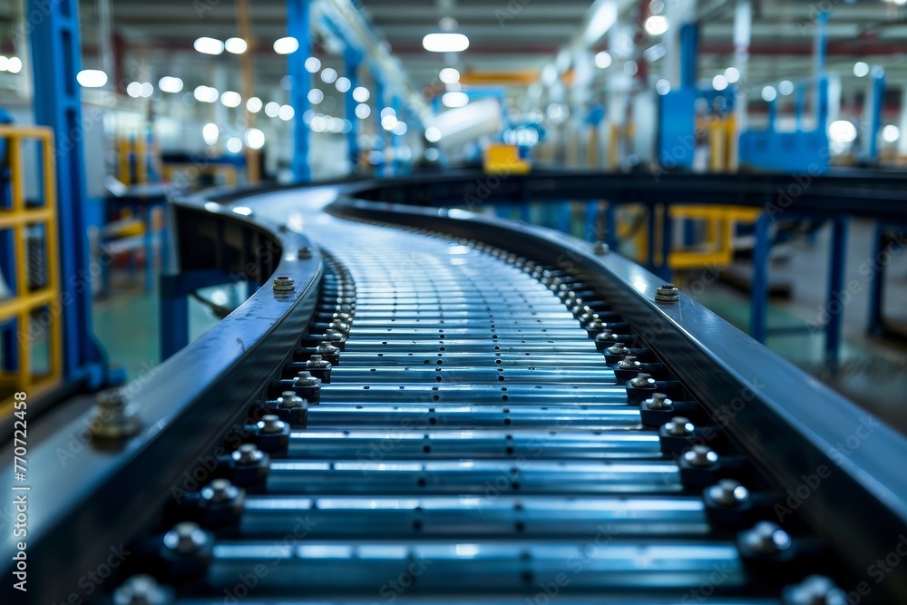 Industrial conveyor belt in a factory setting Industrial conveyor belt in a factory setting