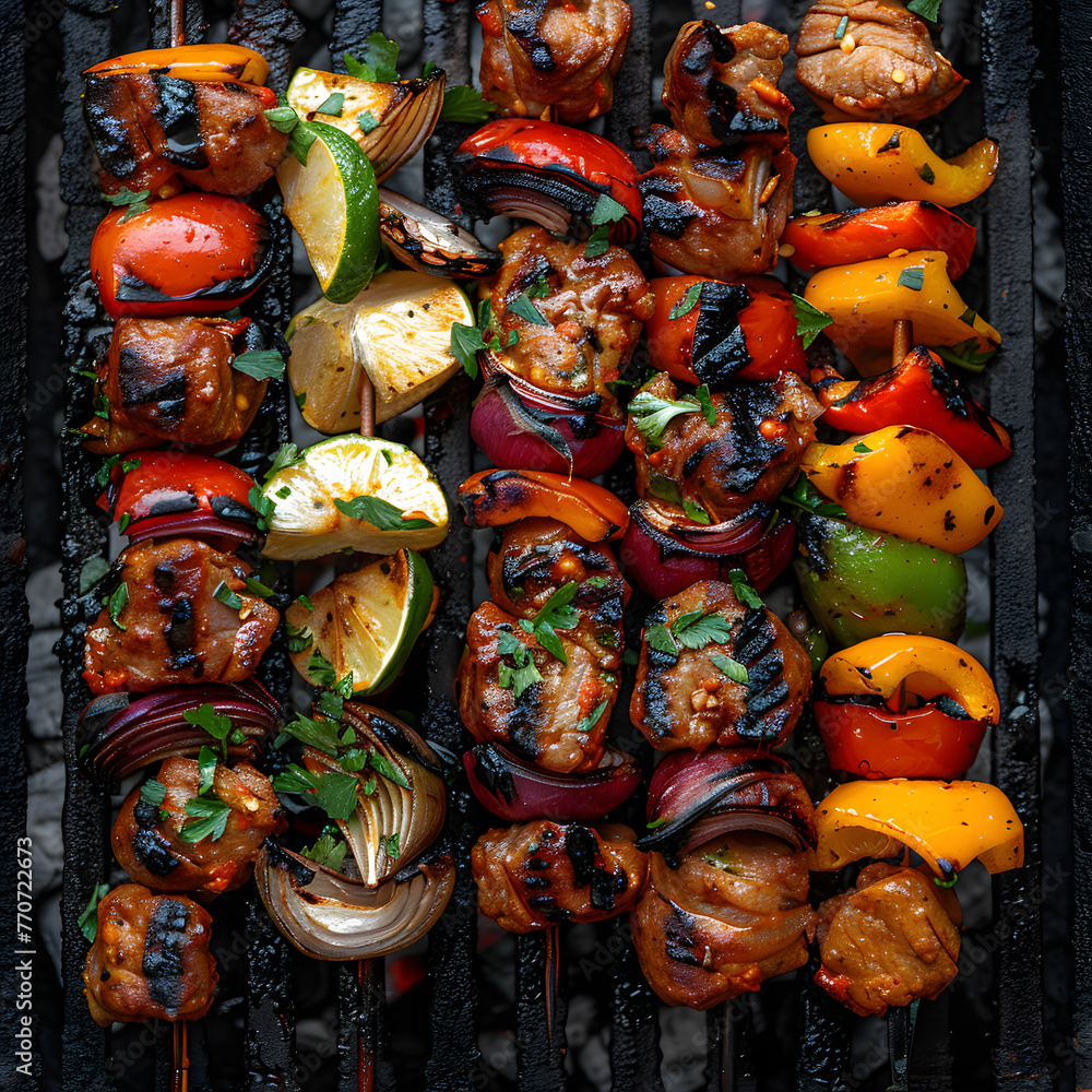 Grilled skewers of meat and vegetables sizzling on the grill, a staple food in many cuisines, perfect for a comforting and delicious meal