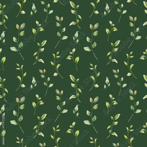 Watercolor seamless pattern of greenery. Hand painted floral composition isolated on dark green background. Illustration for interior design and background.
