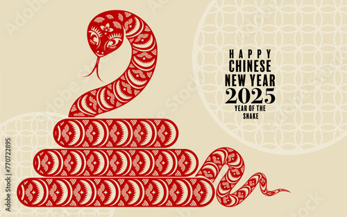 Happy chinese new year 2025 the snake zodiac sign logo with lantern,flower, and asian elements red paper cut style on color background. ( translation : year of the snake, happy new year 2025 )
