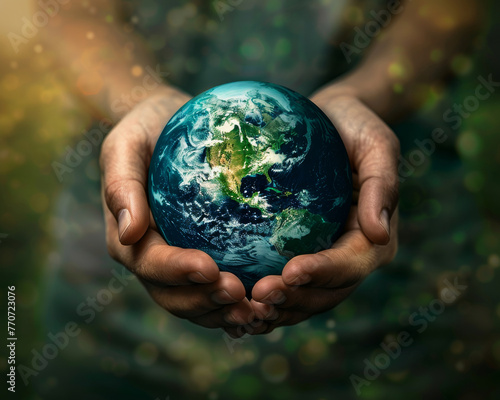 Abstract design showing a green and blue earth cradled in human hands, depicting care and love for the environment Abstract, protective.