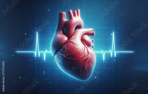 photo real heart and 1 line Heartbeat on blue background