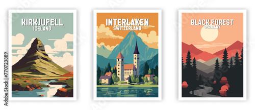 Kirkjufell, Interlaken, Black Forest Illustration Art. Travel Poster Wall Art. Minimalist Vector art photo