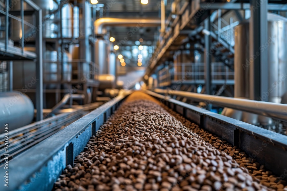 Manufacturing process where a conveyor belt transports biobased pellets through