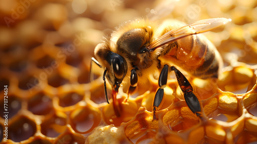 Bee Pollinating Honeycomb Macro