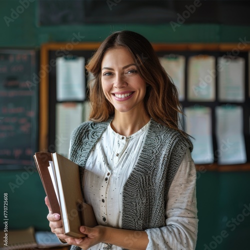 A welcoming female teacher smiling in a classroom environment, conveying a friendly and accessible teaching approach