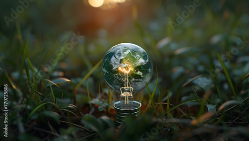 A hand holds a light bulb with a green plant inside, set against a background of plant leaves. Concepts of sustainable energy, natural power grids, and environmental protection. Copy space.