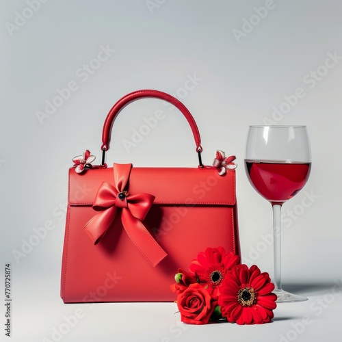 A high-end, chic red purse featuring floral accents accompanied by a glass of red wine