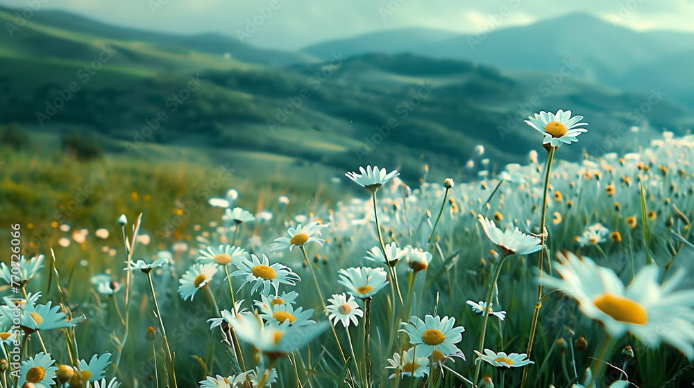 field of daisies in the mountains background panorama