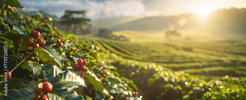 Bright morning sun shines over coffee plantation or farm. Red raw berries on small shrubs in foreground. Generative AI