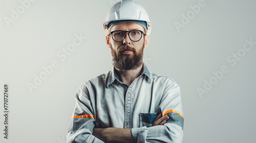 a handsome professional site engineer man, constructor, builder, or construction worker with a helmet. Intelligent face serious look.