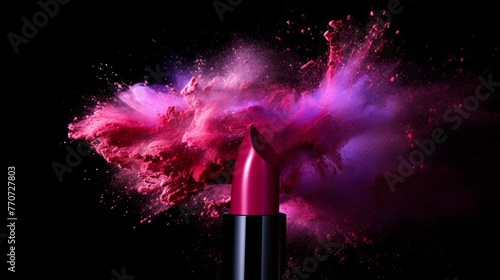 A lipstick is shown in a pink explosion of powder