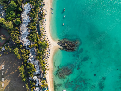 Aerial view of beautiful tropical paradise resort with turquoise water and palm trees, Royal Palm Hotel, Mauritius. photo