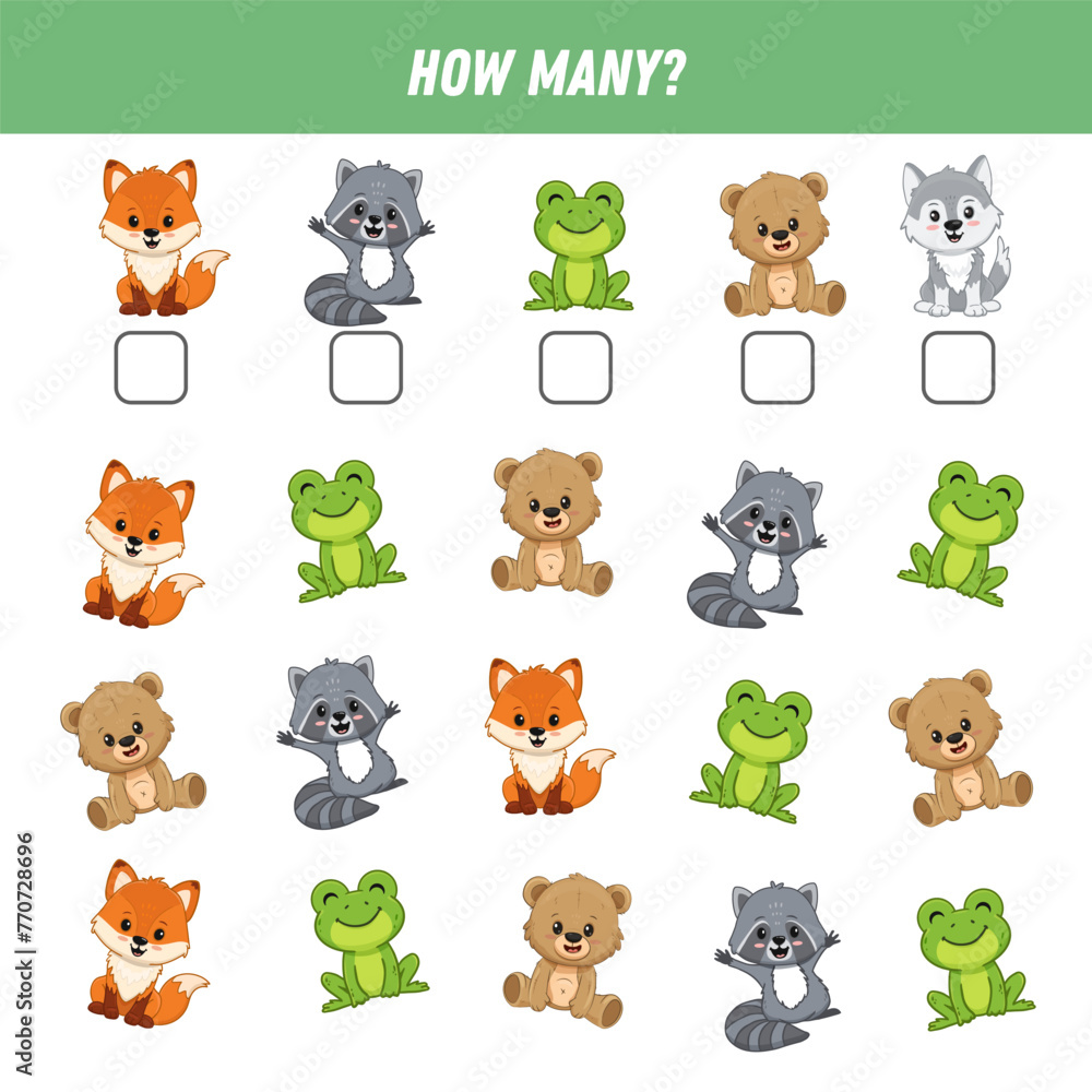 How many animals are there. Count the number of animals. Cute fox, raccoon, frog, bear, wolf. Math worksheet for kids. Vector
How many animals are there. Count the number of animals. Cute fox, raccoon, frog, bear, wolf. Math worksheet for kids. Vector