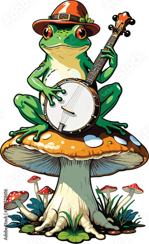 Vector of a cheerful amphibian atop a vibrant mushroom with a miniature banjo