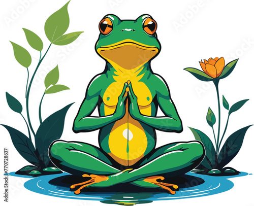 Vector of a cheerful green frog in a tranquil outdoor setting, gracefully practicing yoga