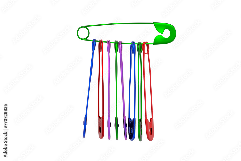 Many colorful safety pins isolated on white background. 3d render Many colorful safety pins isolated on white background. 3d render