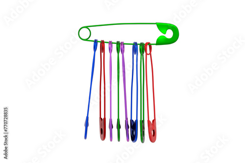 Many colorful safety pins isolated on white background. 3d render
