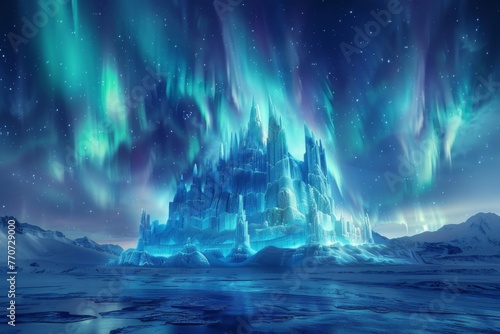 Glacial Majesty,The Frozen Citadel Stands Tall Amidst the Wintry Landscape, Bathed in the Glow of the Aurora Borealis