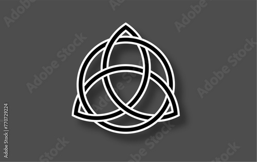 Triquetra geometric logo, Trinity Knot, Wiccan symbol for protection. Vector black and white Celtic knot isolated on gray background. Wicca divination symbol, ancient occult sign
