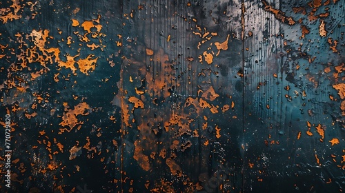 Grunge texture. Dark blue wooden planks with cracked orange paint. Weathered wood background. photo