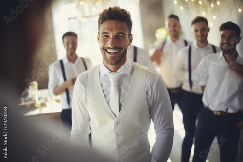 Groom in white waistcoat smiles brightly, groomsmen in background, joyful wedding. photo