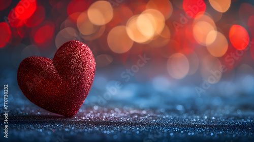 Red heart on table with selective focus and bokeh background for valentine day greeting card. Neural network generated image. Not based on any actual person or scene.