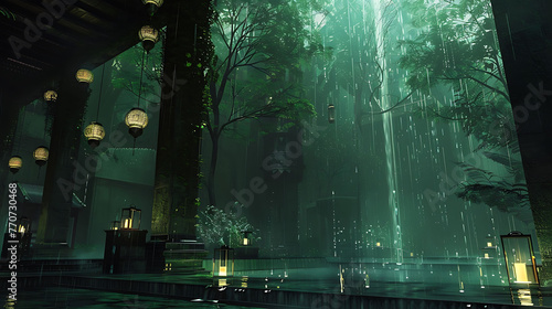 A beautiful and serene image of a rainy day in a bamboo forest.