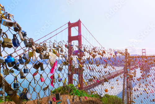 Canvas Print Love locks on fence of Golden Gate Bridge scenic viewpoint