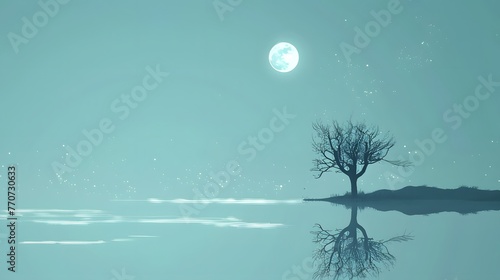 Tranquil Full Moon Reflection on Calm Lake: Serene Nature Landscape
