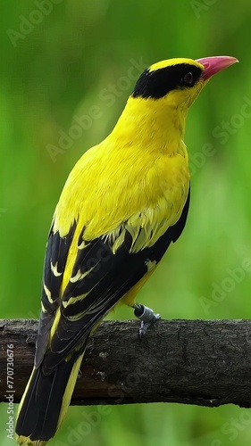 Witness the vibrant colors of a Black-napes Oriole in a captivating close-up against a lush green background, perfect for showcasing its unique beauty. photo