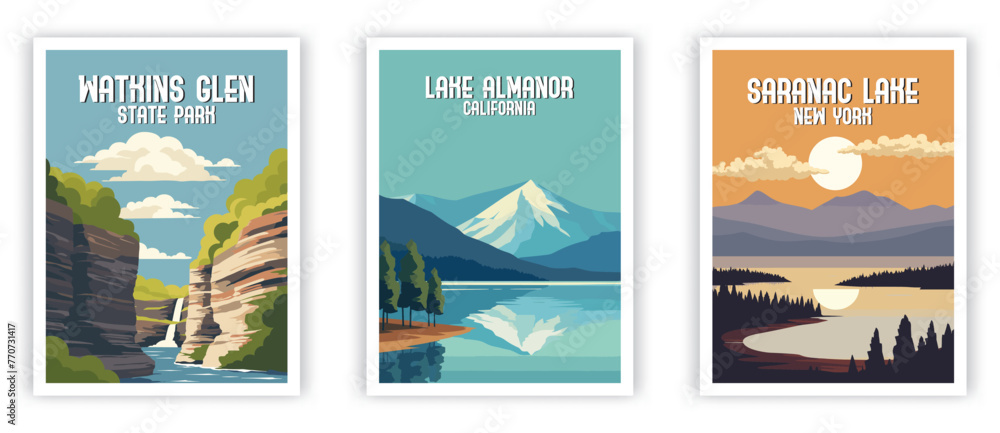 Watkins Glen, Lake Almanor, Saranac Lake Illustration Art. Travel Poster Wall Art. Minimalist Vector art