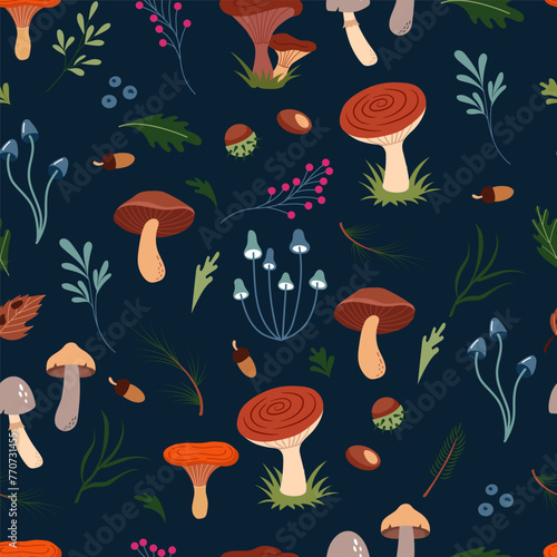 Vector blue seamless pattern of cute forest illustrations - mushrooms, berries, chestnuts, pine needles, leaves. Beautiful trendy background for packaging, fabric, wallpaper. 