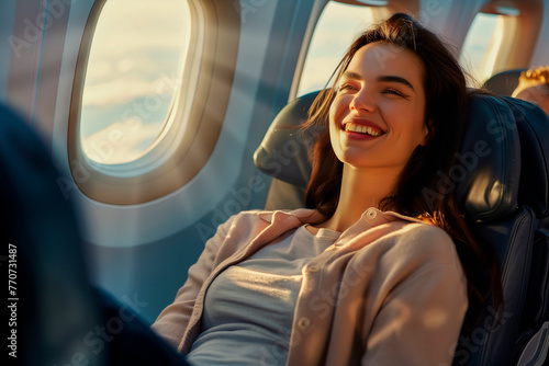 Portrait of a young woman airplane passenger looking out the window on the plane and smiling. © olvius