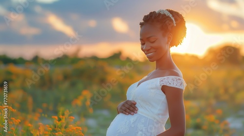 pregnant woman in a bridal dress touching her belly in a blurry field background.