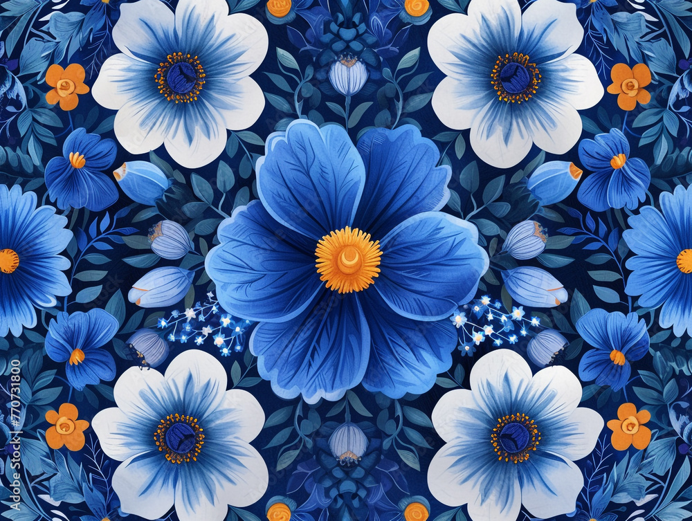 Seamless pattern beautiful floral pattern with blue flowers in the background. 