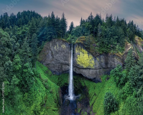 Scenic aerial shot of the Latourell Falls Waterfall in Oregon. photo
