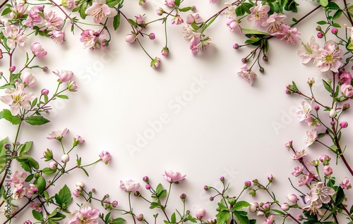 Delicate frame of blush pink blossoms and buds on white backdrop