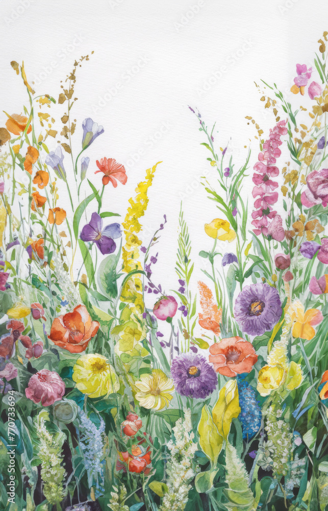  Border with Herbs and wild flowers, leaves. Botanical Illustration on white background. Spring composition with botanic, watercolor drawing
