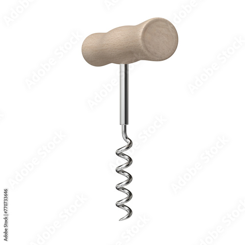 Wooden handle corkscrew side view isolated