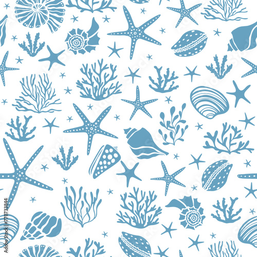 Seamless oceanic print with seashells algae and corals
