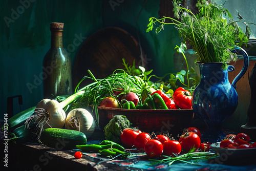 fresh vegetables of green grass in sunlight on the tabl becda9b5-52dc-4e1f-8eb0-cd026b40e2d0 photo