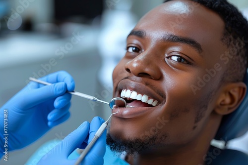 Smiling individual undergoing dental examination in chair