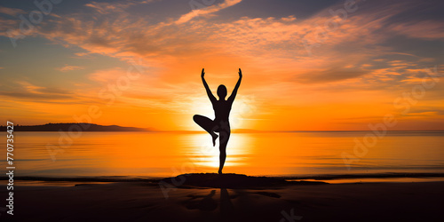 A girl doing Exercise in sunset on the beach © kin