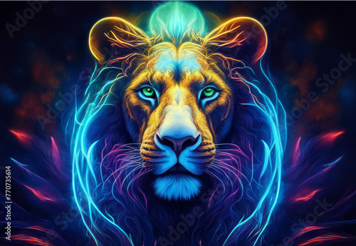 Cosmic neon lion. AI