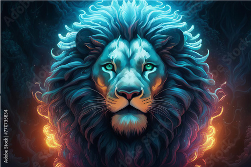 Cosmic neon lion. AI