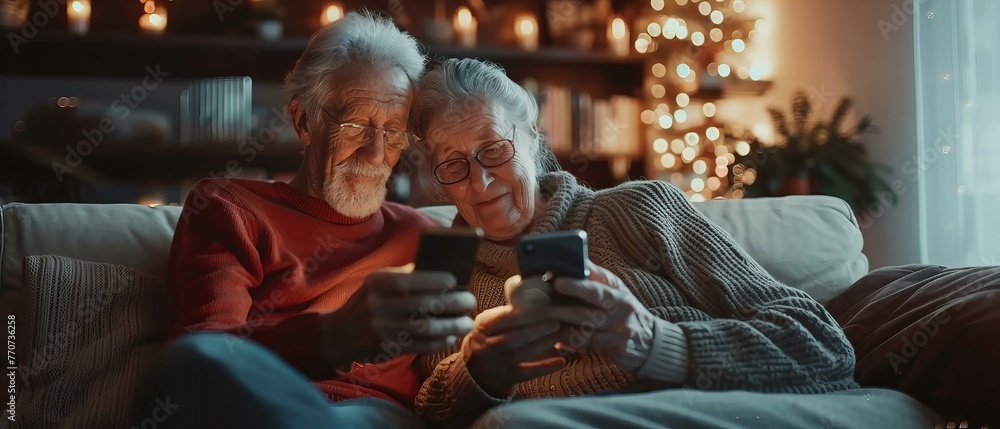 Elderly Couple Sharing Laugh with Smartphones